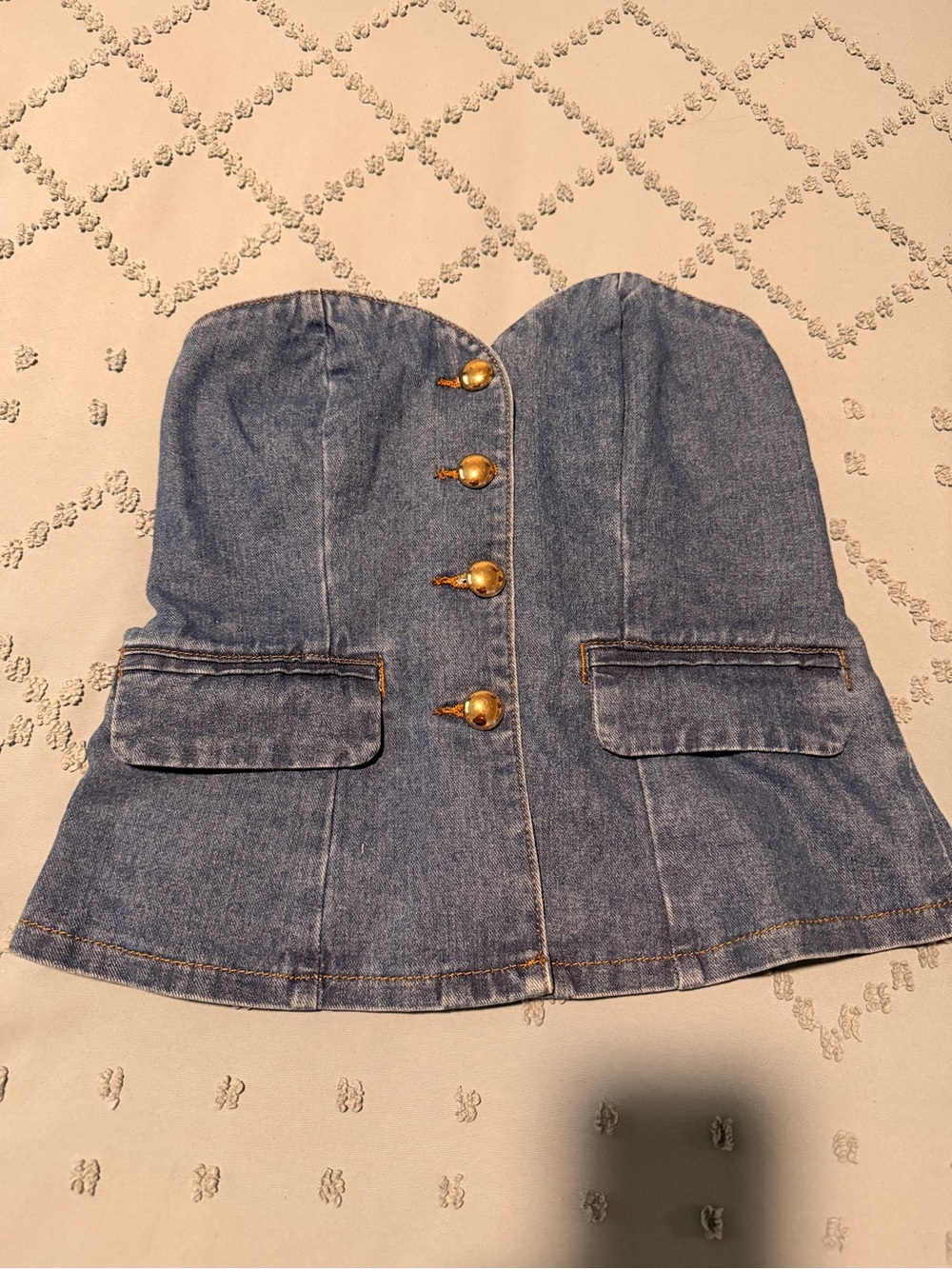 Sincerely Jules Denim Strapless Bustier Top with Gold Buttons - Blue